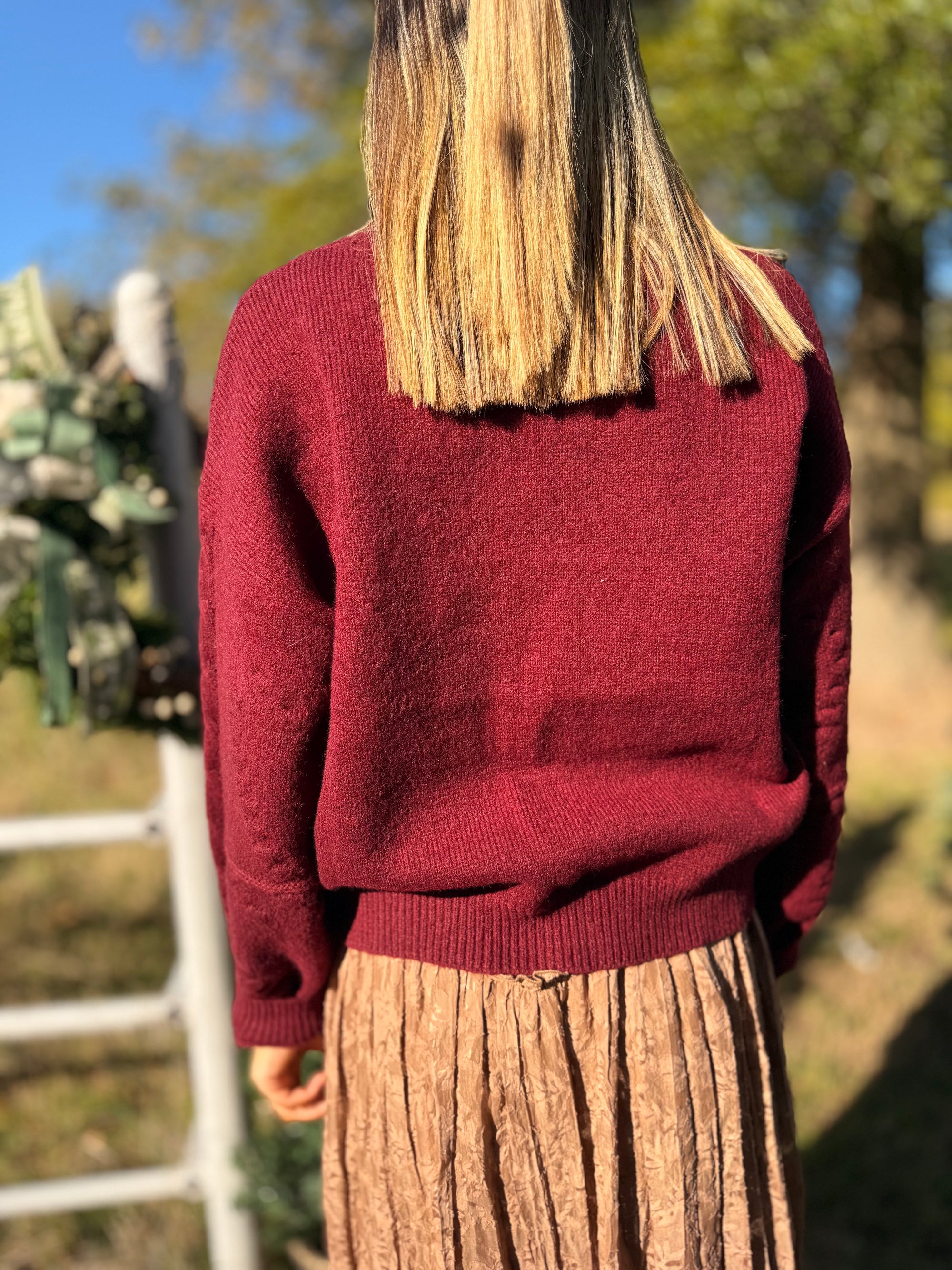 Burgundy Heart Motif Cable Knit Sweater