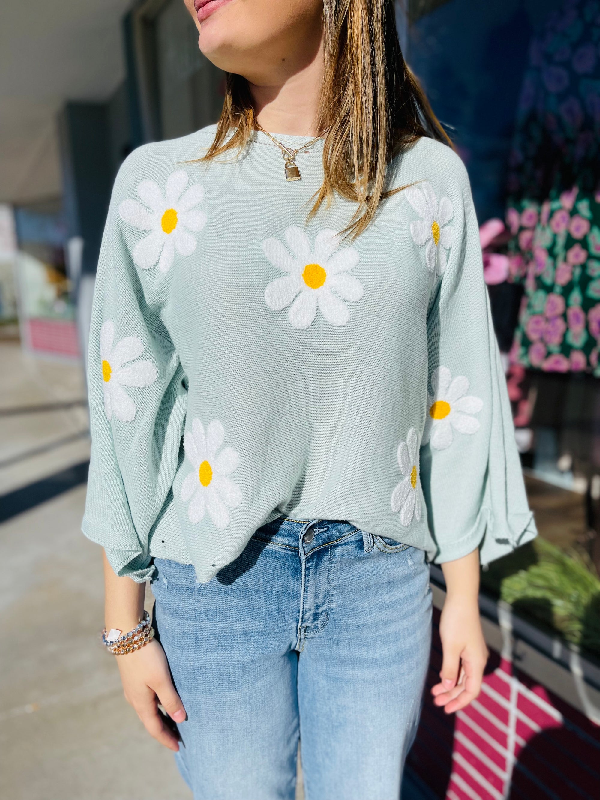 Floral Embroidered Loose Knit Top - Mint