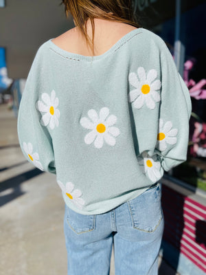 Floral Embroidered Loose Knit Top - Mint