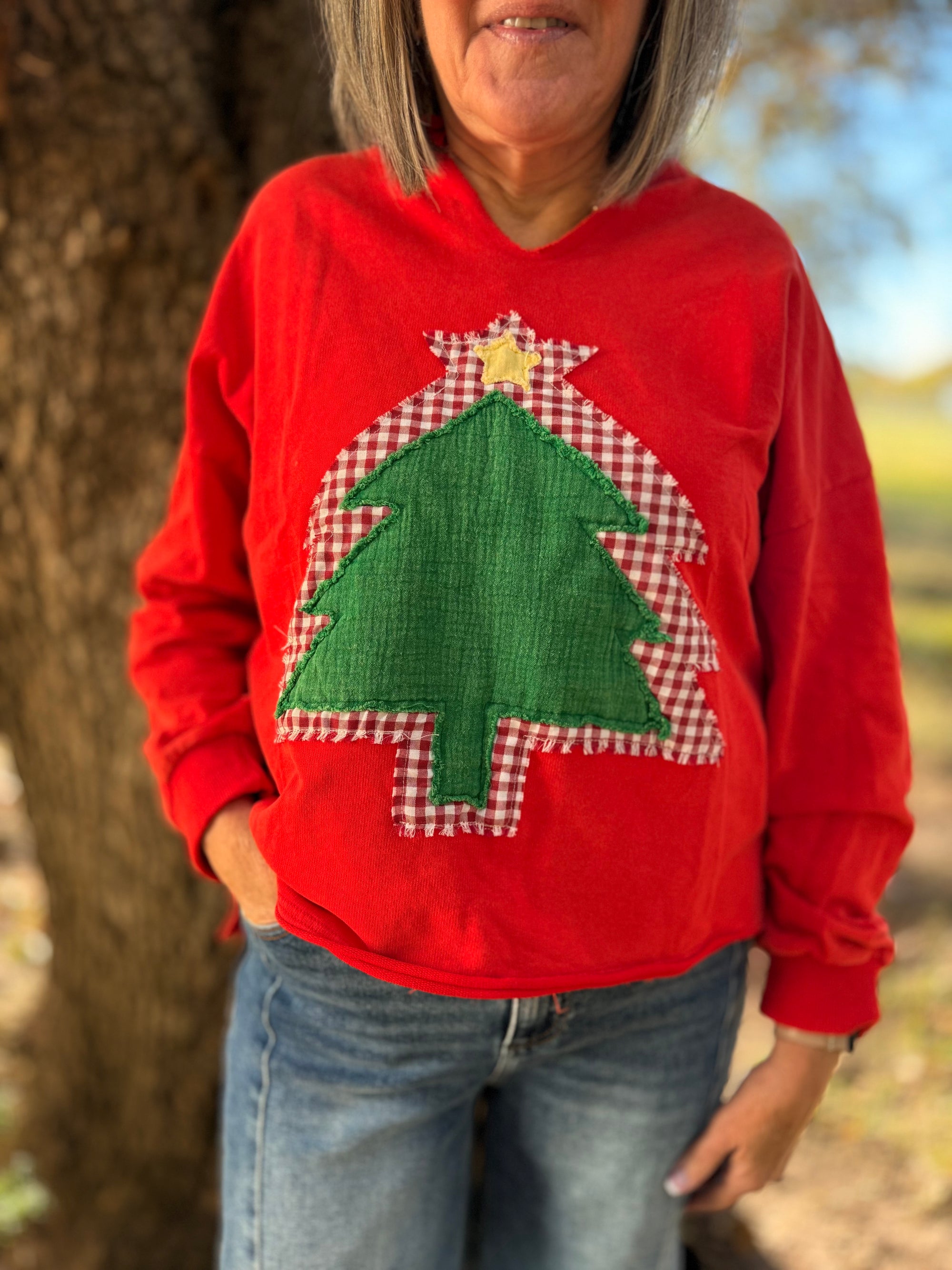 Red Mineral Wash Pullover w/ Tree Patchwork