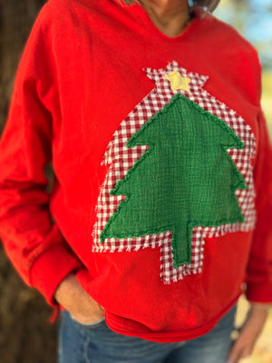 Red Mineral Wash Pullover w/ Tree Patchwork