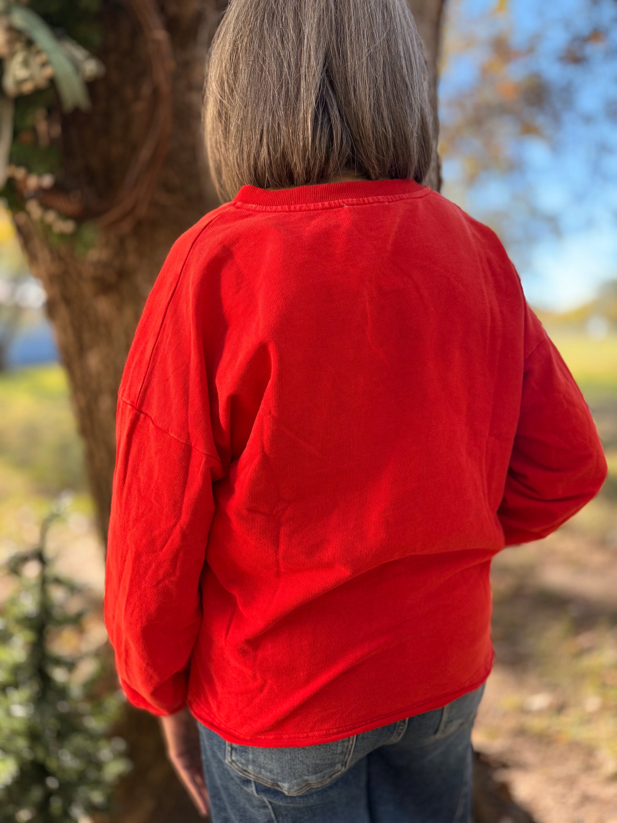 Red Mineral Wash Pullover w/ Tree Patchwork