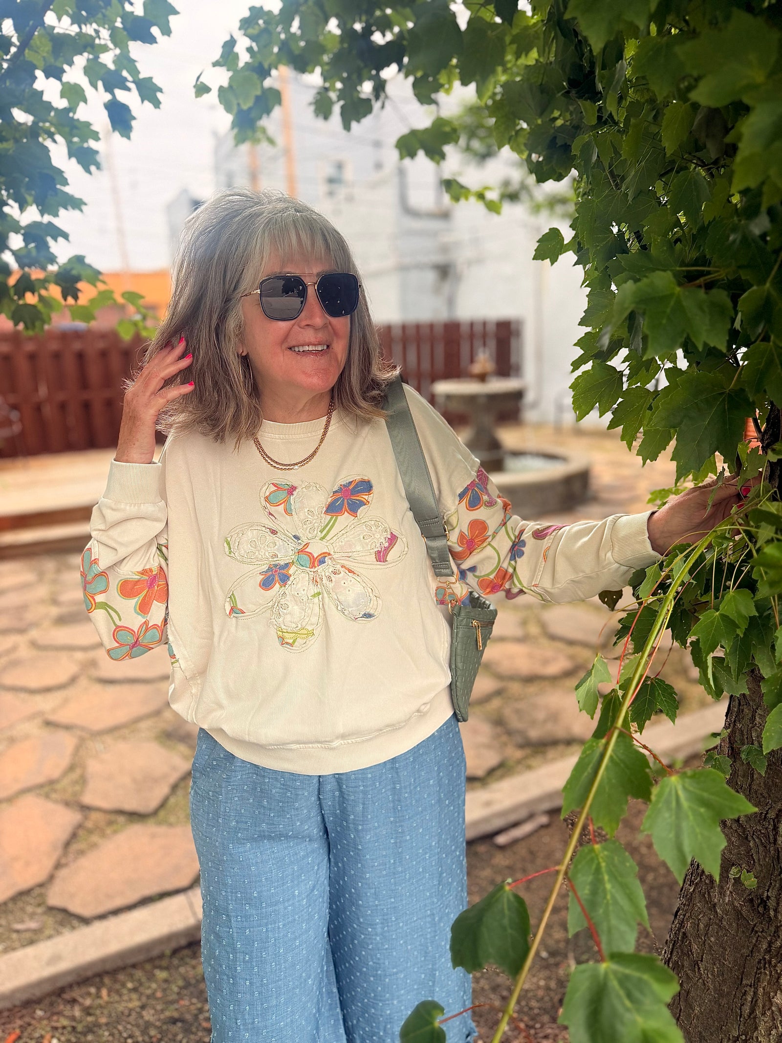 Easel Khaki Floral Patch Terry Knit Sweatshirt