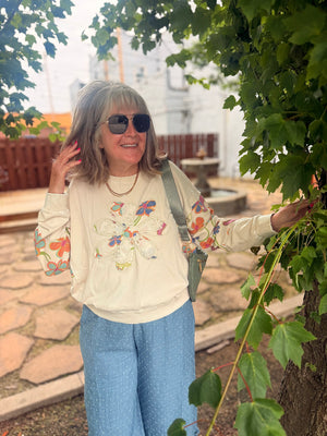 Easel Khaki Floral Patch Terry Knit Sweatshirt