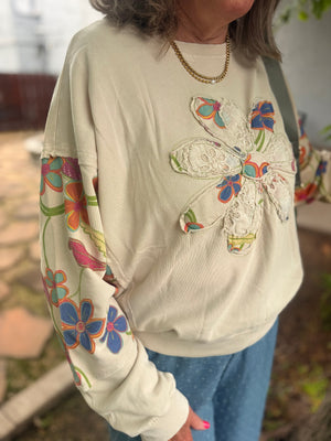 Easel Khaki Floral Patch Terry Knit Sweatshirt