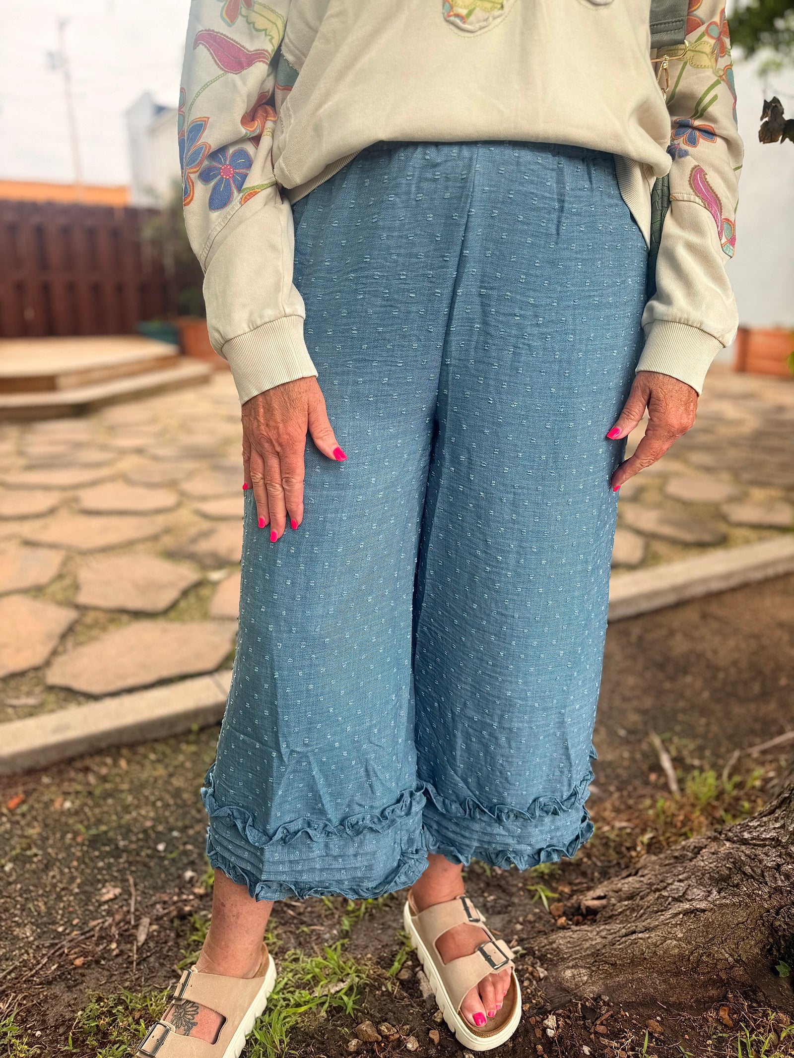 Easel Blue Woven Pom + Ruffle Pants