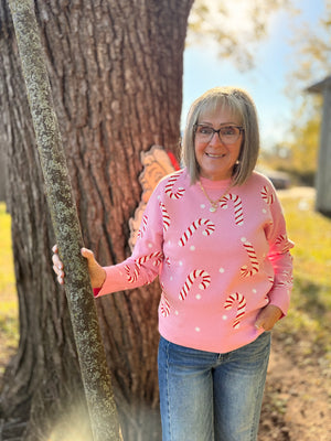 Pink Candy Cane Print Sweater