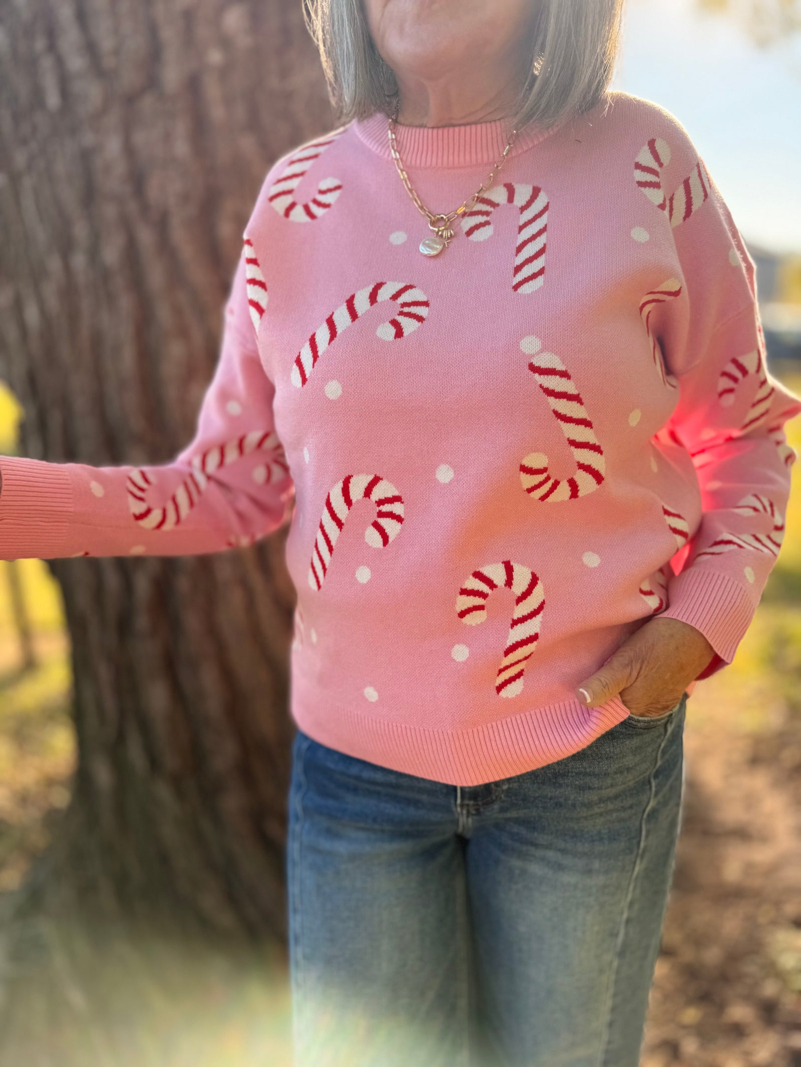 Pink Candy Cane Print Sweater