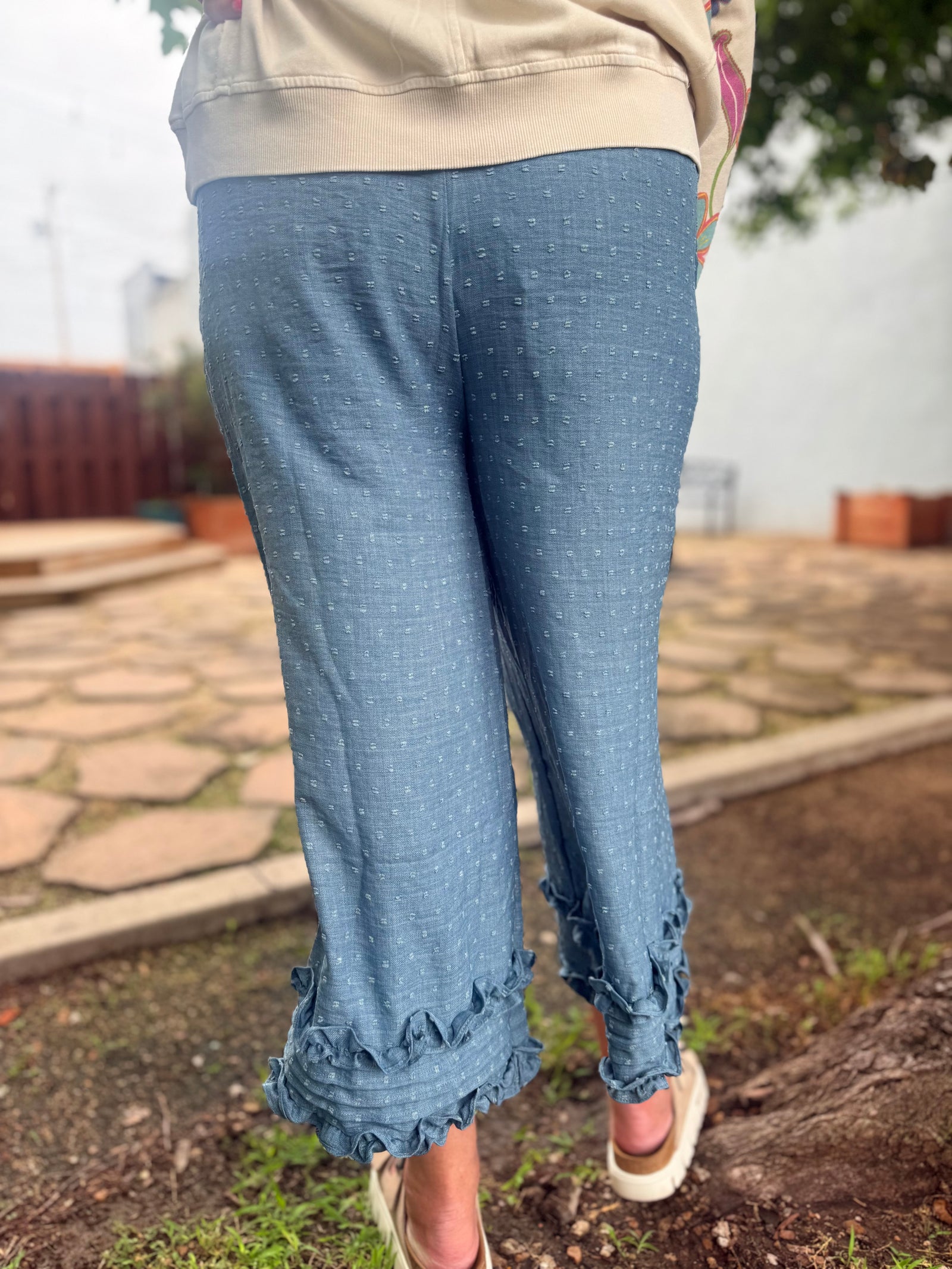 Easel Blue Woven Pom + Ruffle Pants