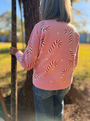 Pink Candy Cane Print Sweater