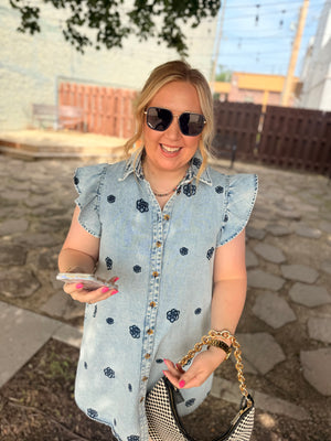 Easel Denim Floral Embroidered Dress w/ Ruffle Cap Sleeve