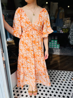 Floral Maxi Dress w/ Smock Detail - Tangerine