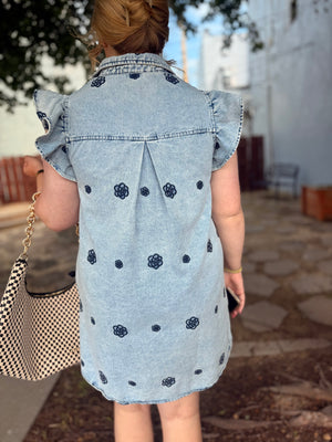 Easel Denim Floral Embroidered Dress w/ Ruffle Cap Sleeve