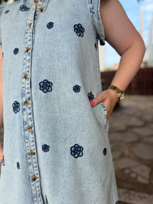 Easel Denim Floral Embroidered Dress w/ Ruffle Cap Sleeve