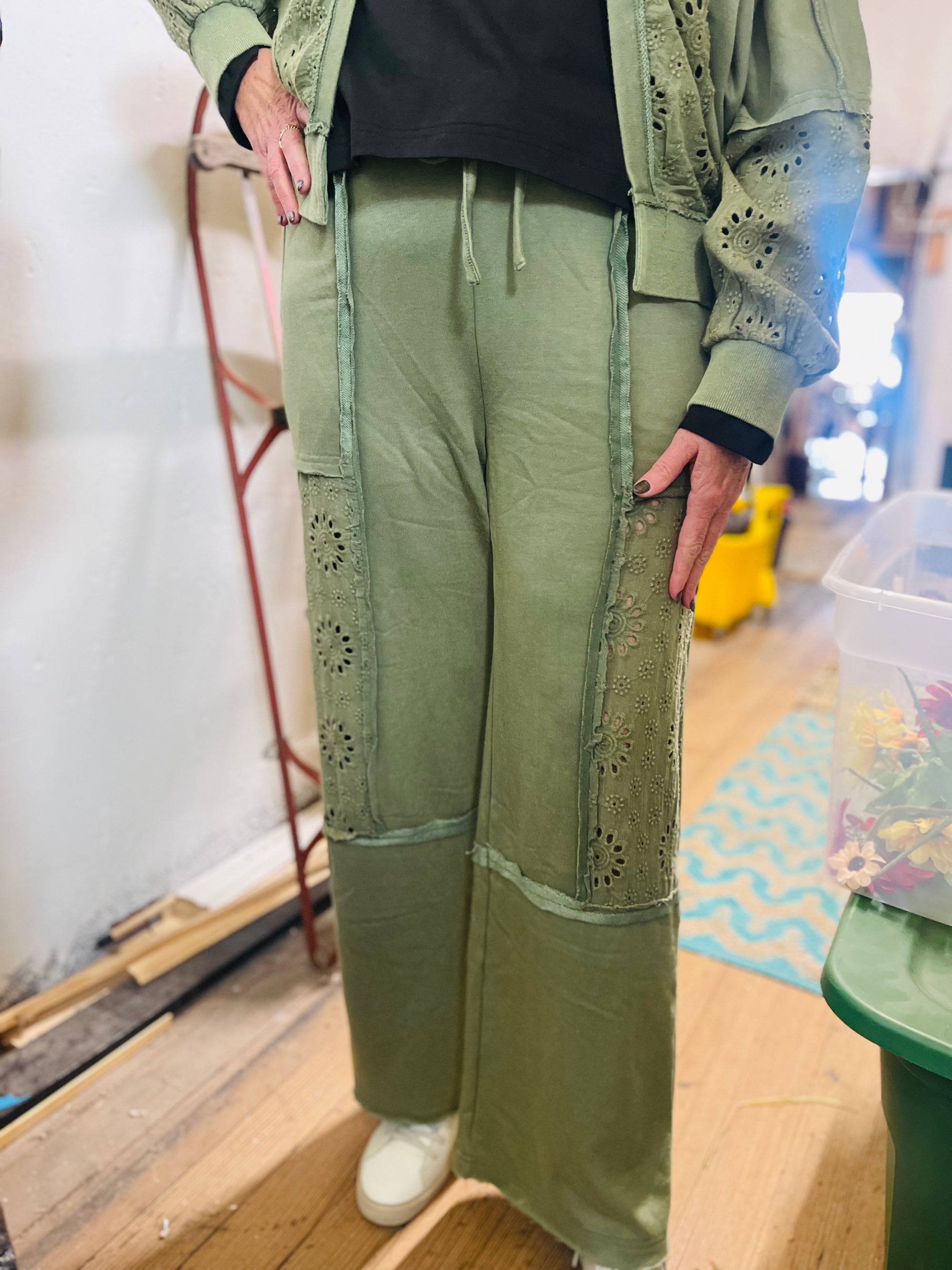 Washed Green Wide Leg Pants w/ Eyelet Lace Detail