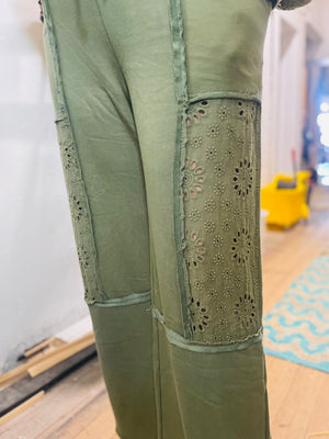 Washed Green Wide Leg Pants w/ Eyelet Lace Detail