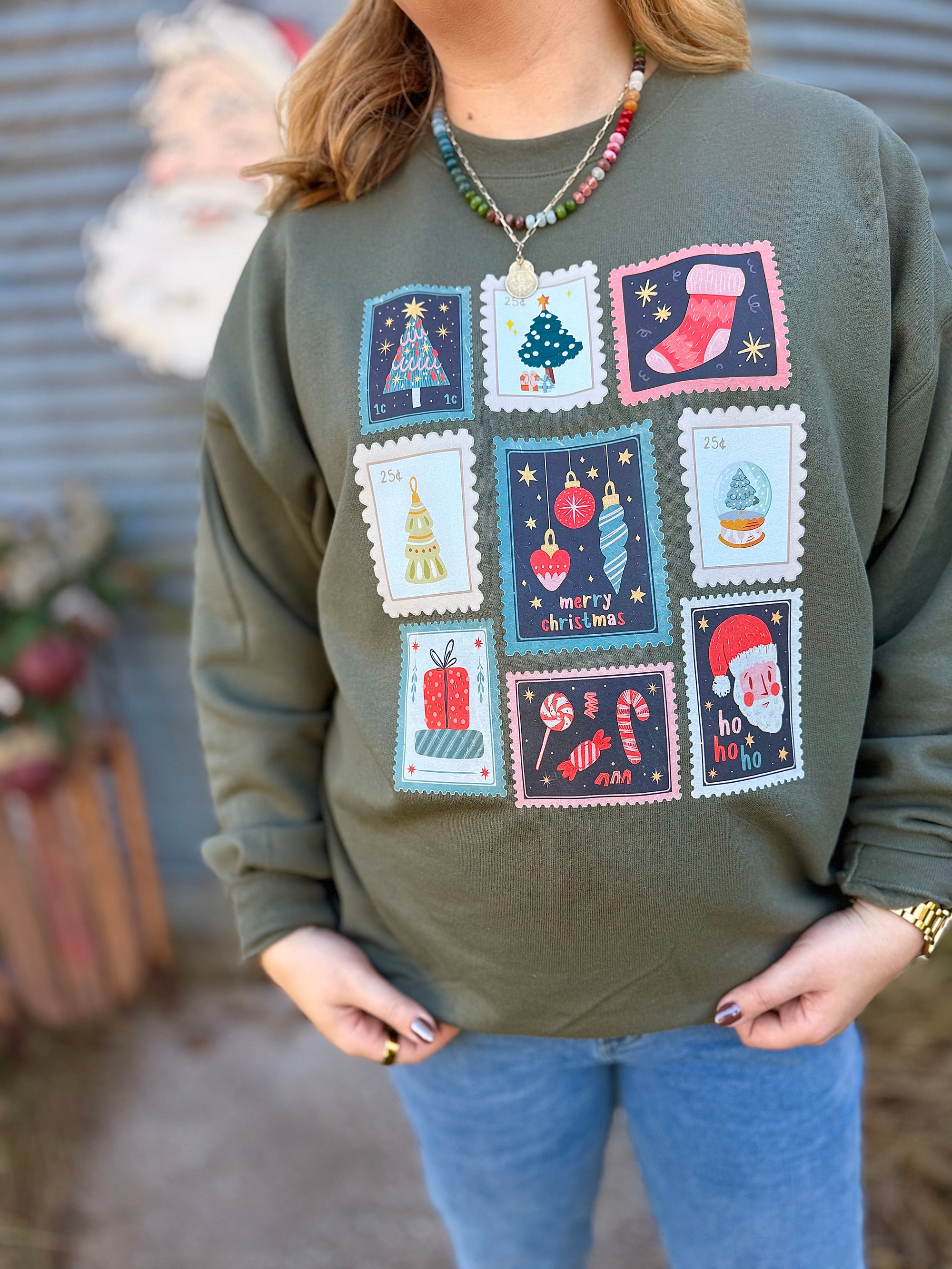 Vintage Christmas Stamps Green Sweatshirt