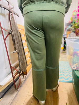 Washed Green Wide Leg Pants w/ Eyelet Lace Detail