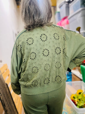 Washed Green Terry Cardigan w/ Eyelet Lace