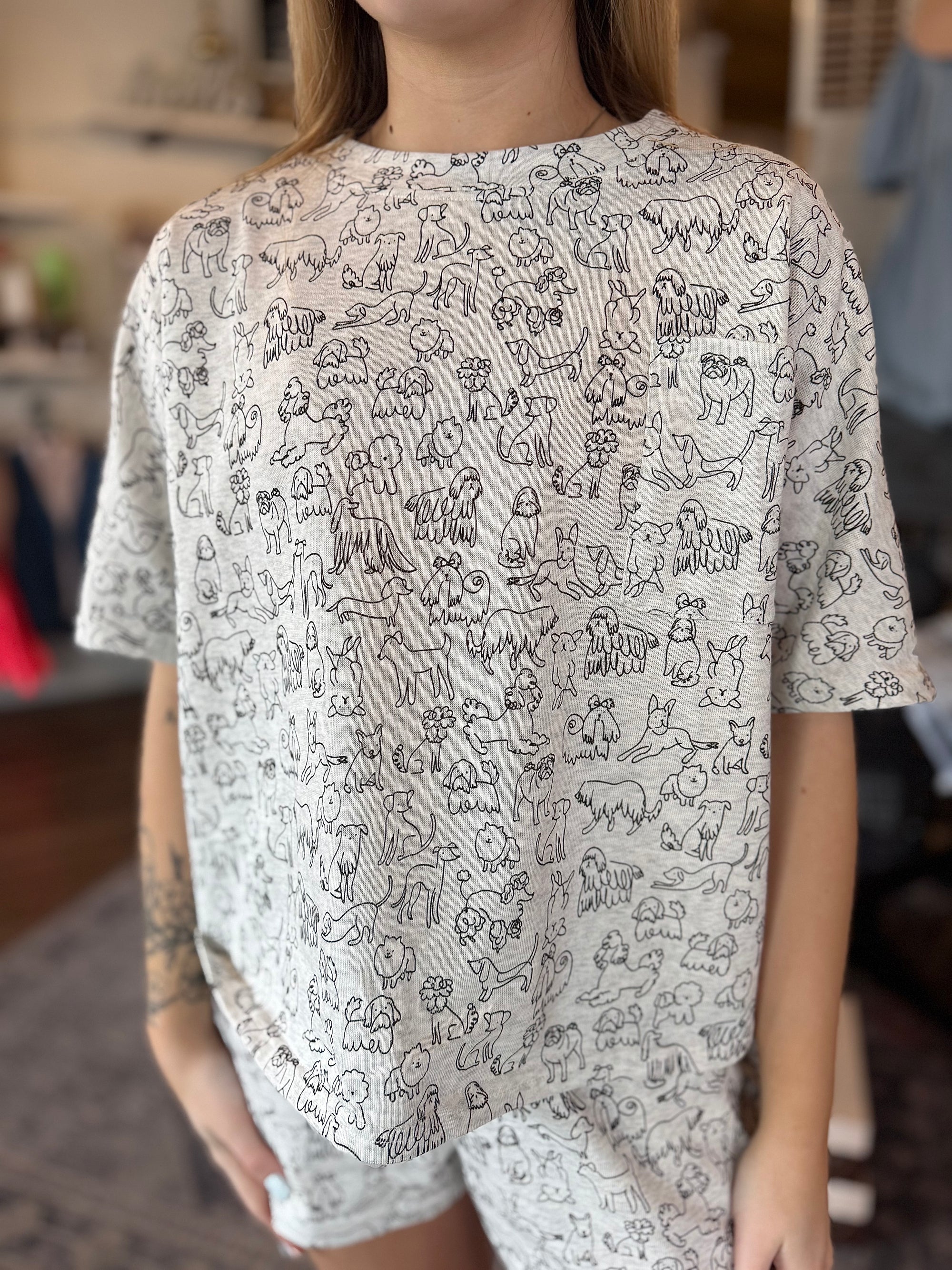 Boxy Dog Print Pocket Front T-Shirt