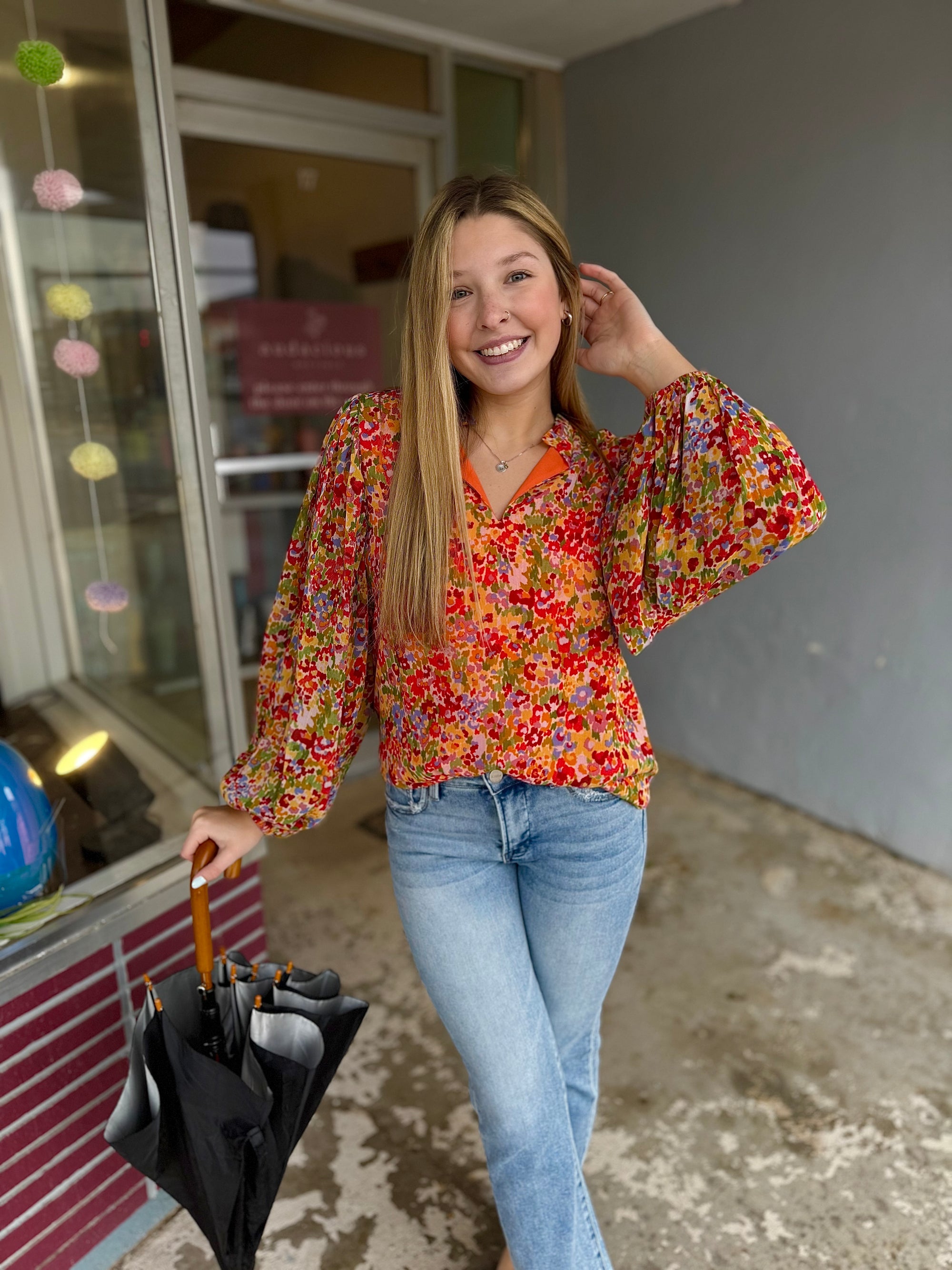 Red + Yellow Floral Mix Print Blouse