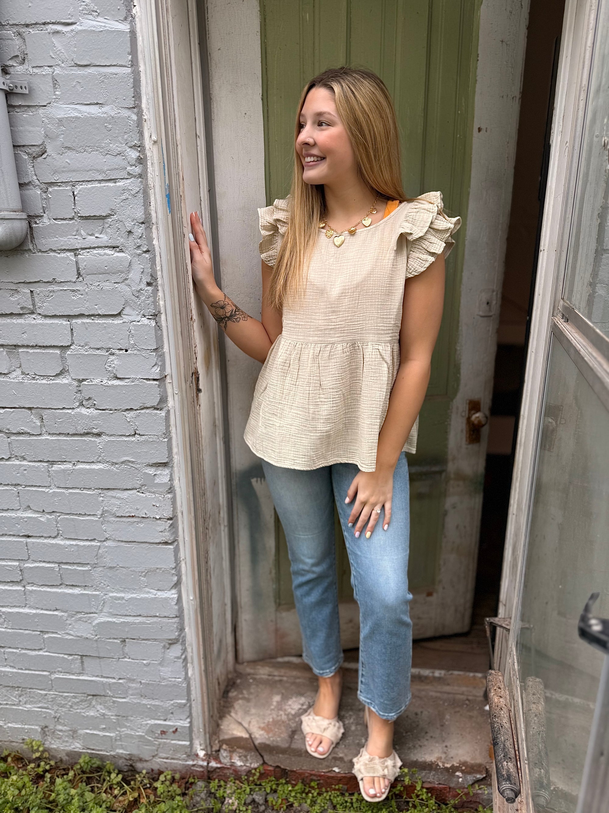 Beige Washed Gauze Ruffled Peplum Top