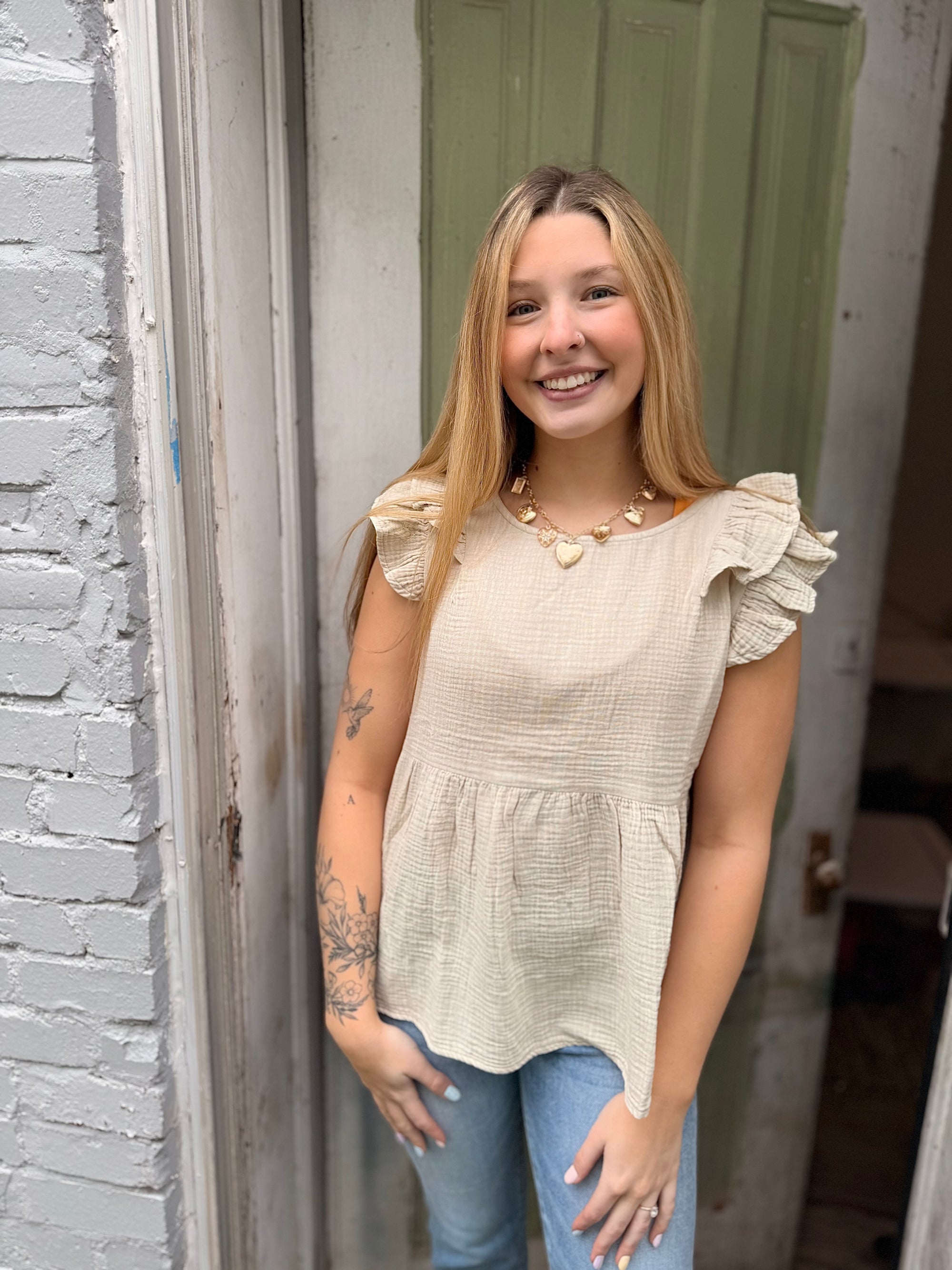 Beige Washed Gauze Ruffled Peplum Top