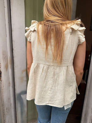 Beige Washed Gauze Ruffled Peplum Top