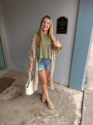Pol Beige Long Sleeve Crochet Knit Cardigan
