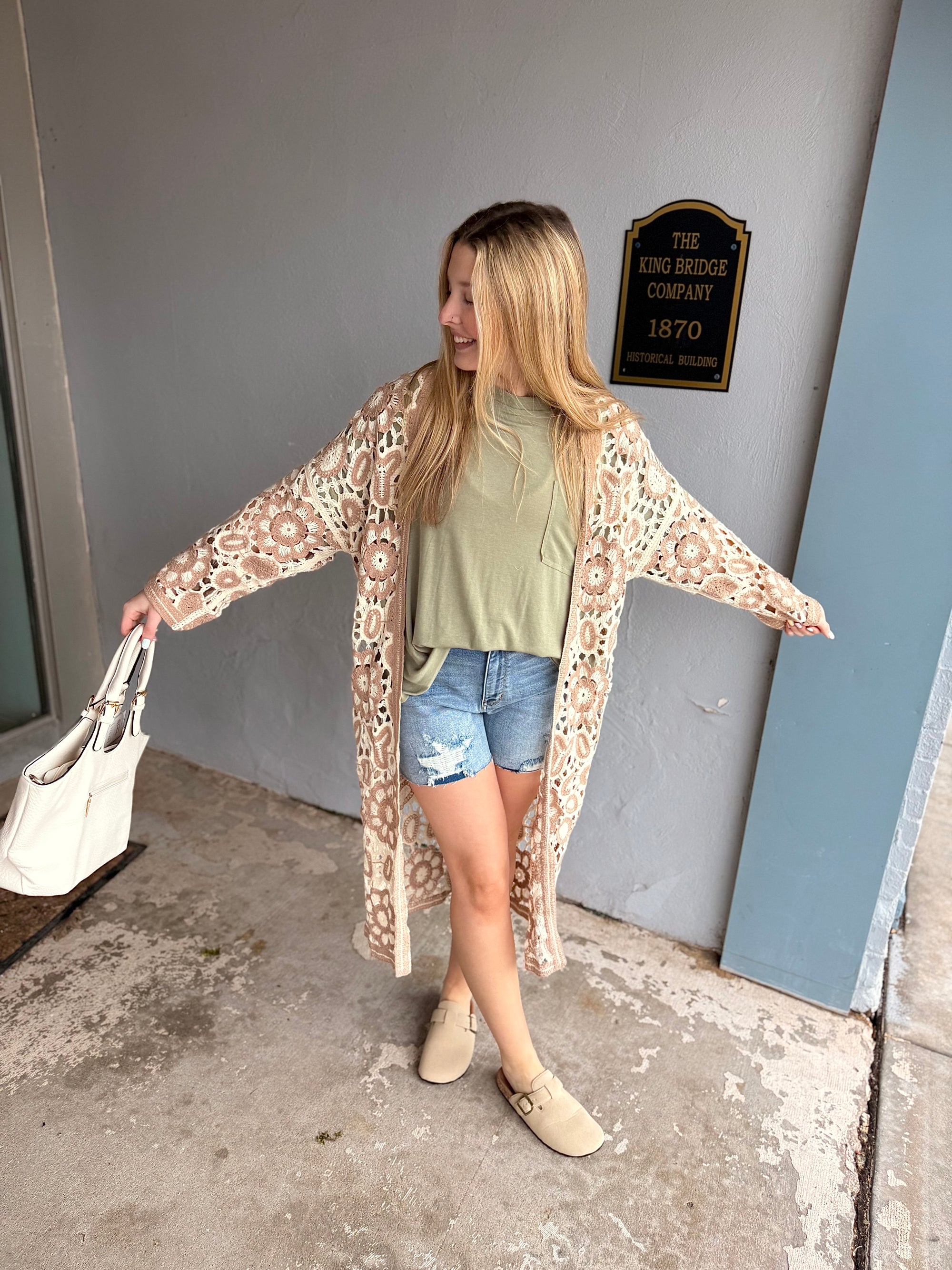 Pol Beige Long Sleeve Crochet Knit Cardigan