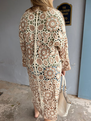 Pol Beige Long Sleeve Crochet Knit Cardigan