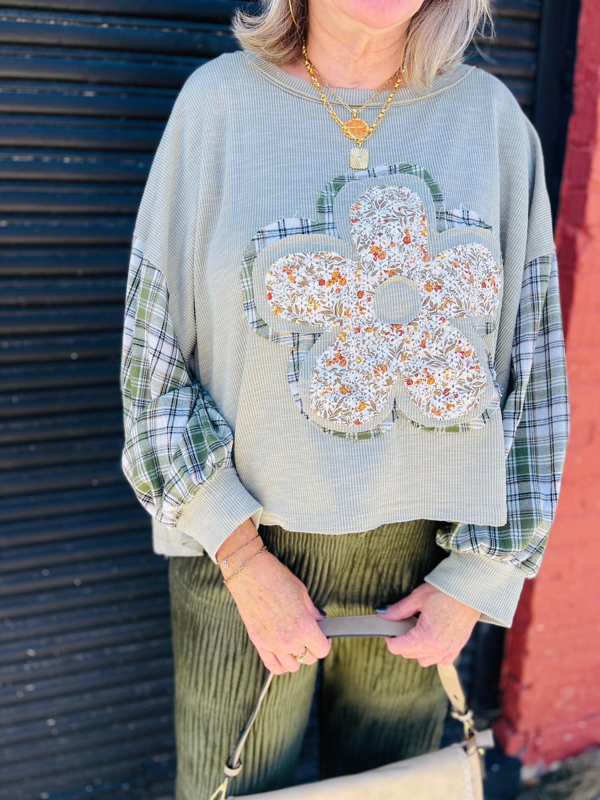 Sage Flower Patchwork Top