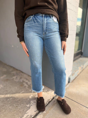 Risen High Rise Medium Wash Straight Leg Frayed Hem Jeans