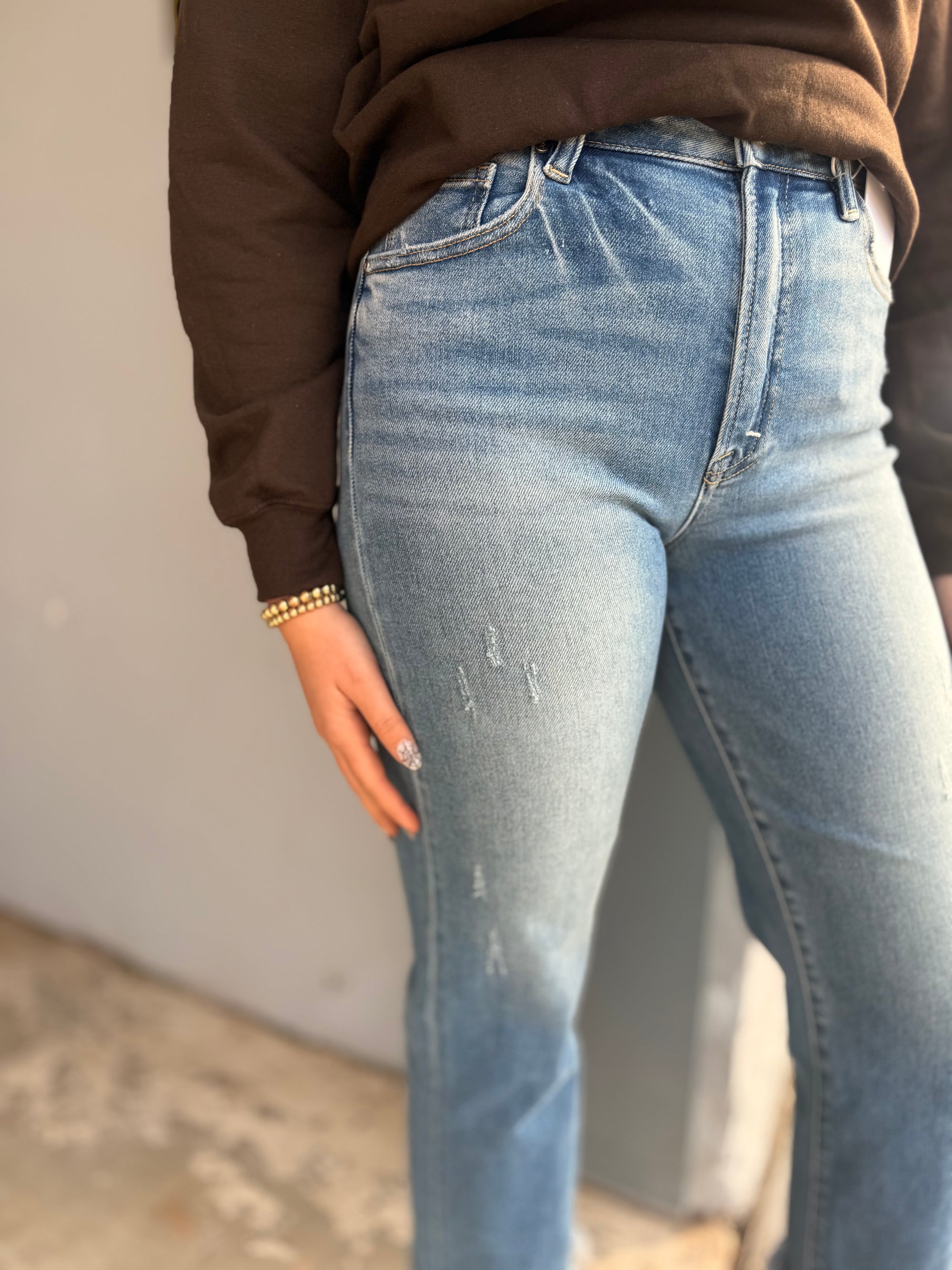 Risen High Rise Medium Wash Straight Leg Frayed Hem Jeans