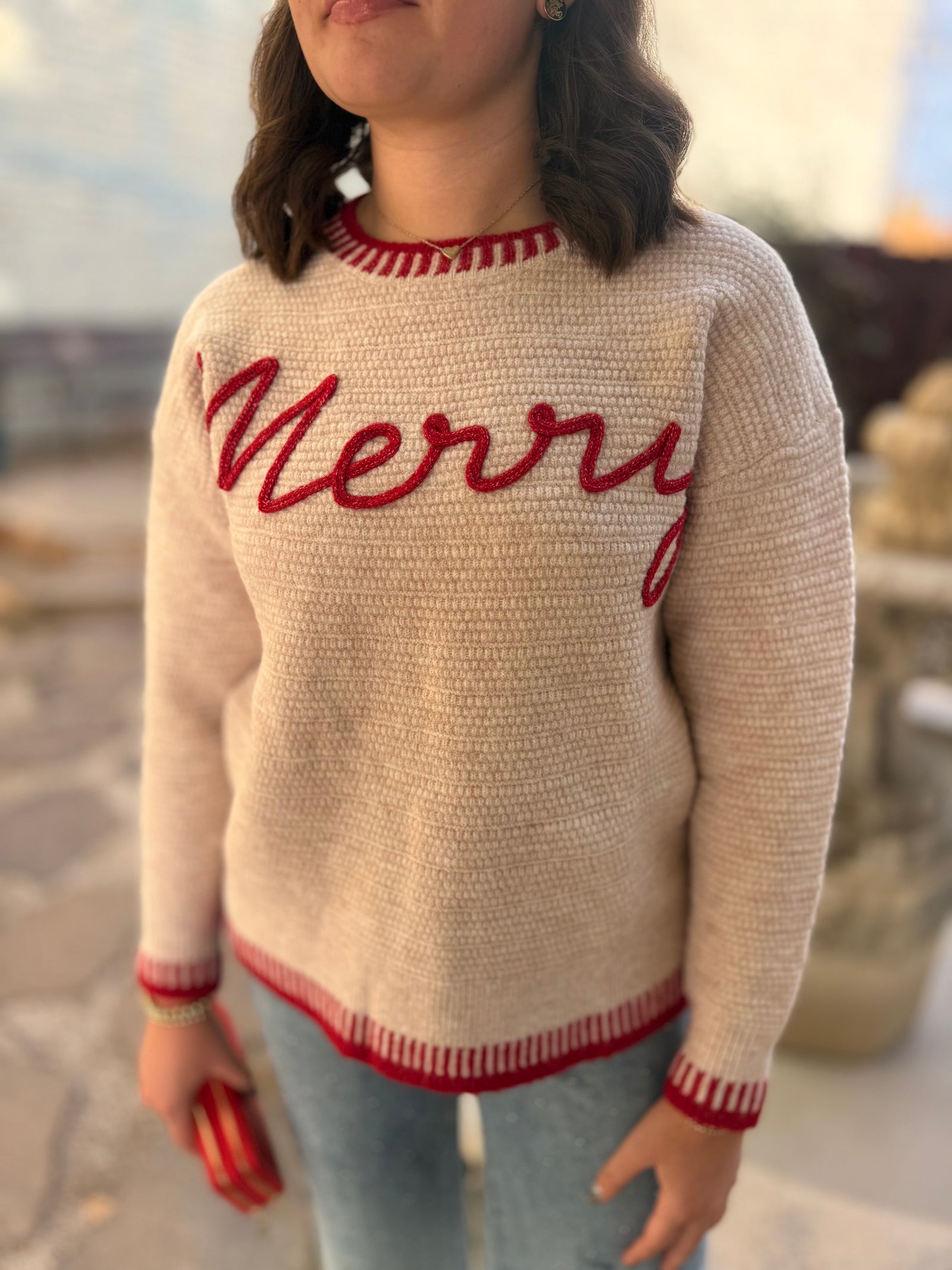 Oatmeal Merry Embroidered Sweater