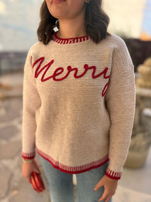 Oatmeal Merry Embroidered Sweater