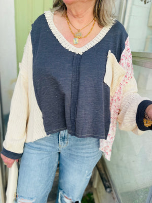 Ink Ribbed Knit Patchwork Top