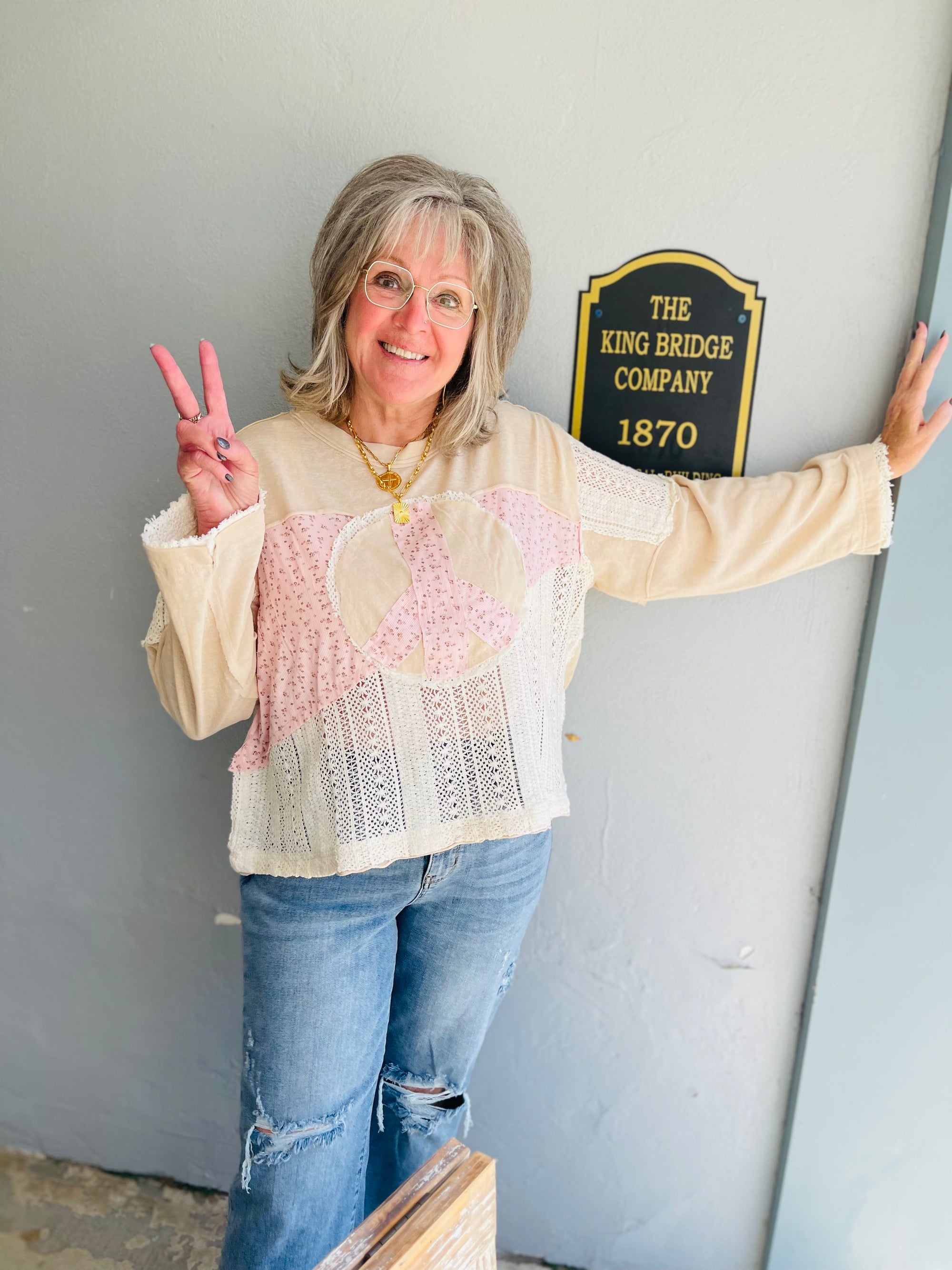 Pink + Cream Oversized Peace Applique Crochet Top