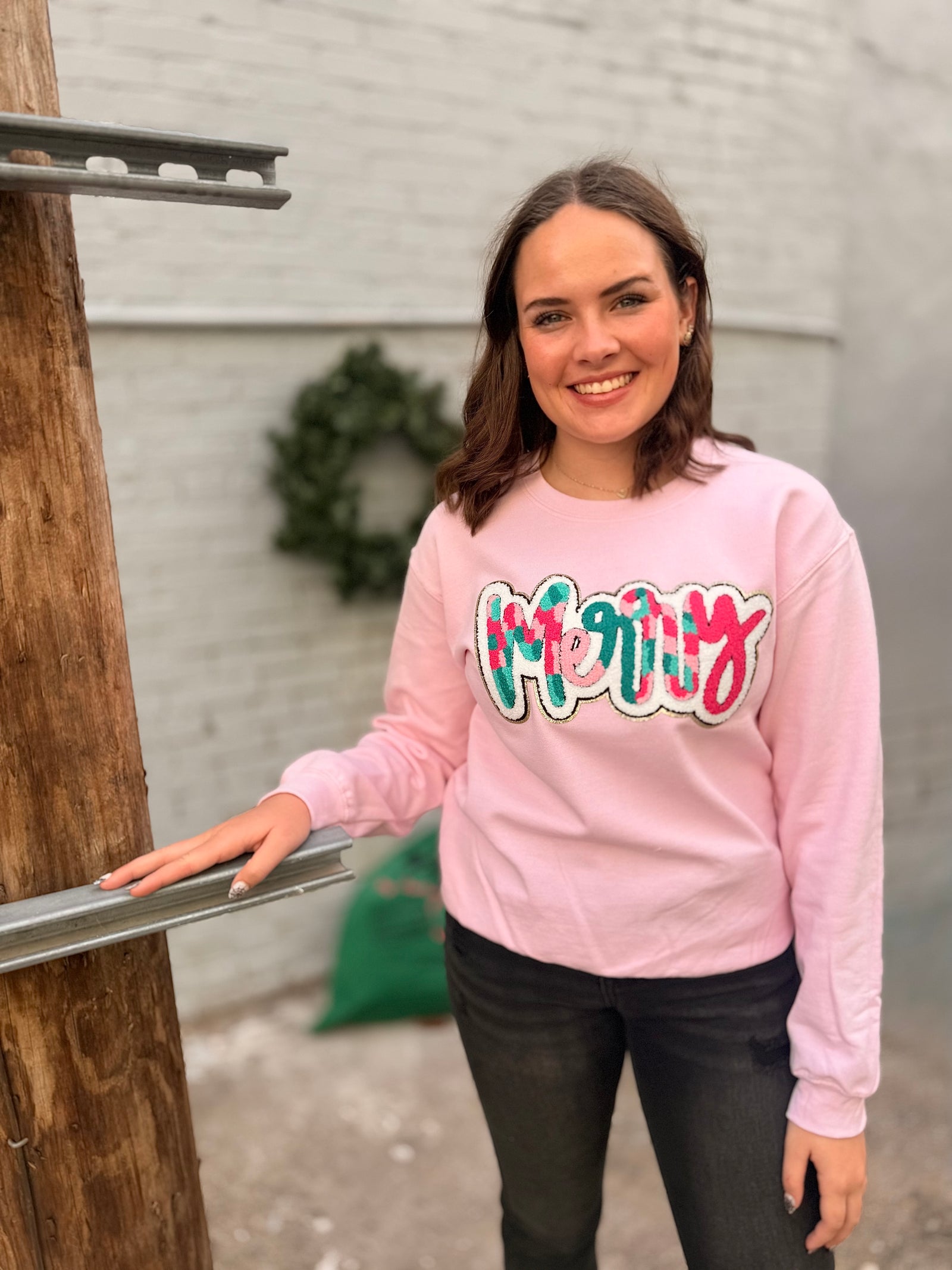 Pink Chenille "Merry" Patch Sweatshirt