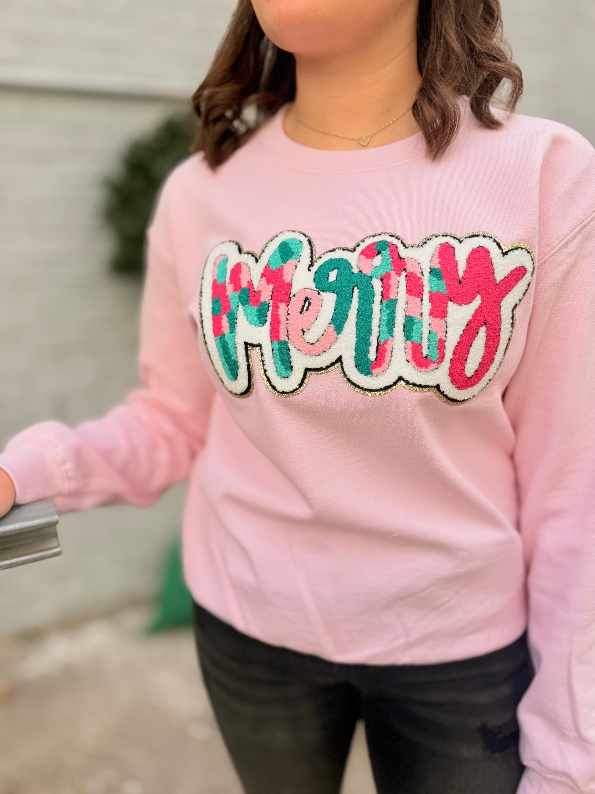 Pink Chenille "Merry" Patch Sweatshirt