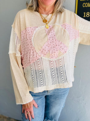 Pink + Cream Oversized Peace Applique Crochet Top