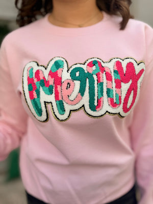 Pink Chenille "Merry" Patch Sweatshirt