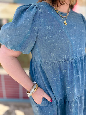 Denim Blue Bow Print Chambray Tiered Dress