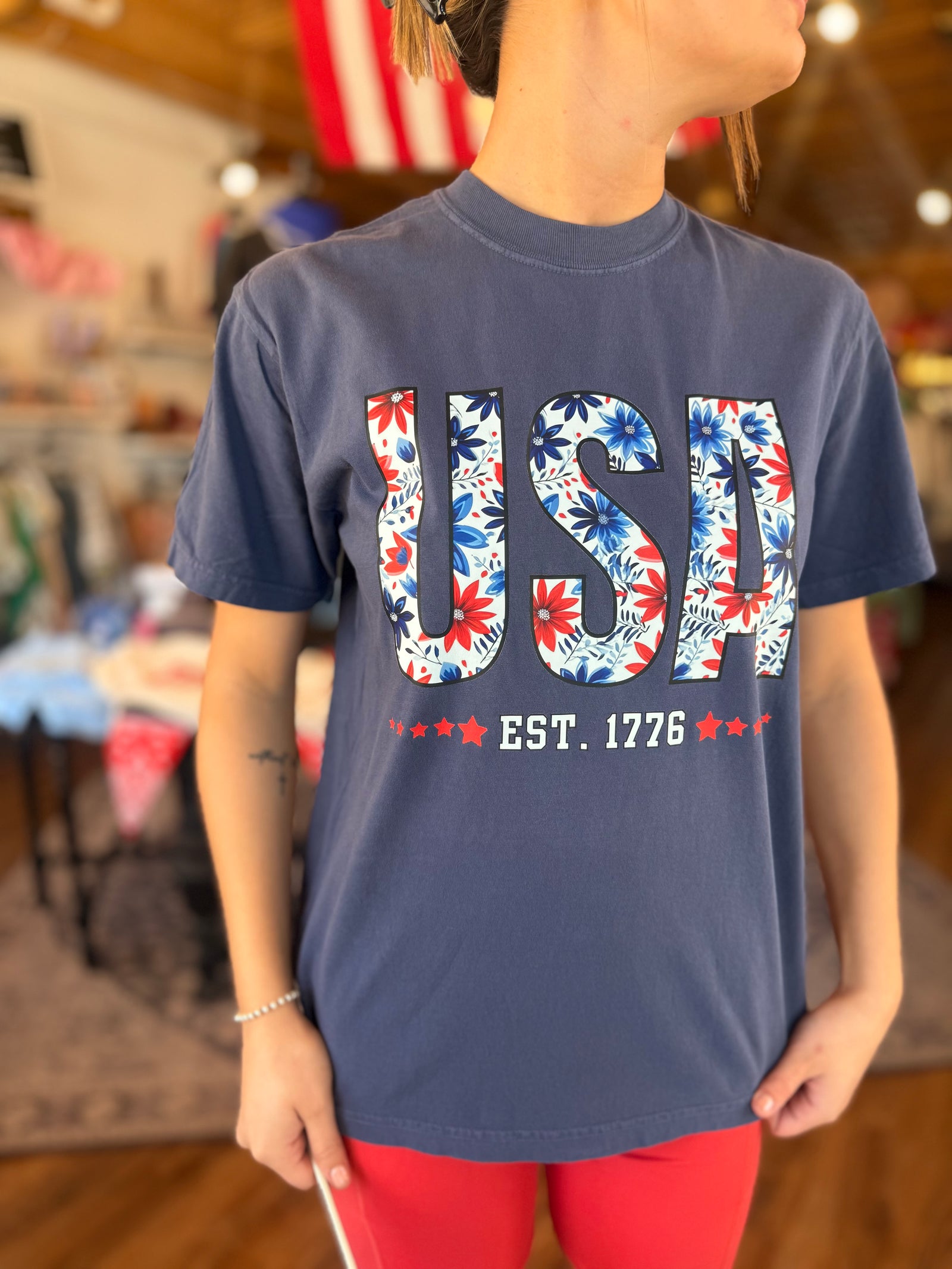 Navy Floral USA Graphic Tee
