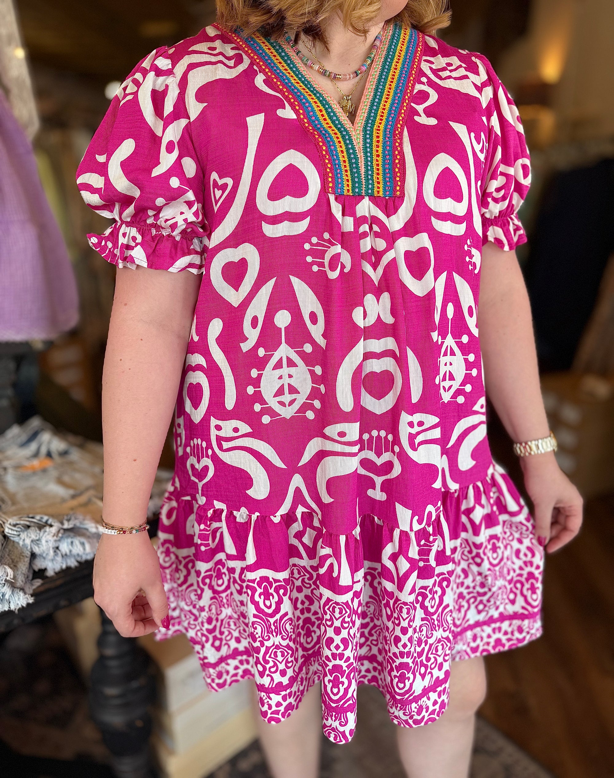 Pink Multi Color Collared Dress w/ Puff Sleeve
