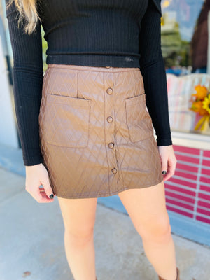 Chocolate Button Down Textured Vegan Leather Skirt