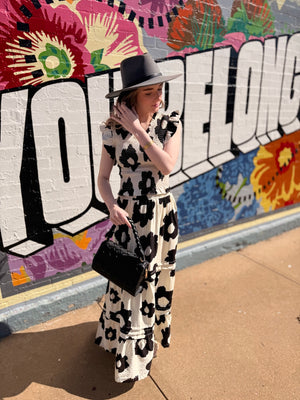 Black Bold Floral Print Tiered Maxi Skirt