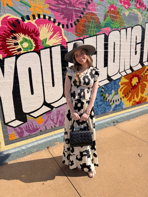 Black Bold Floral Ruffled Sleeve Smocked Top