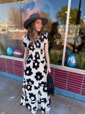 Black Bold Floral Ruffled Sleeve Smocked Top