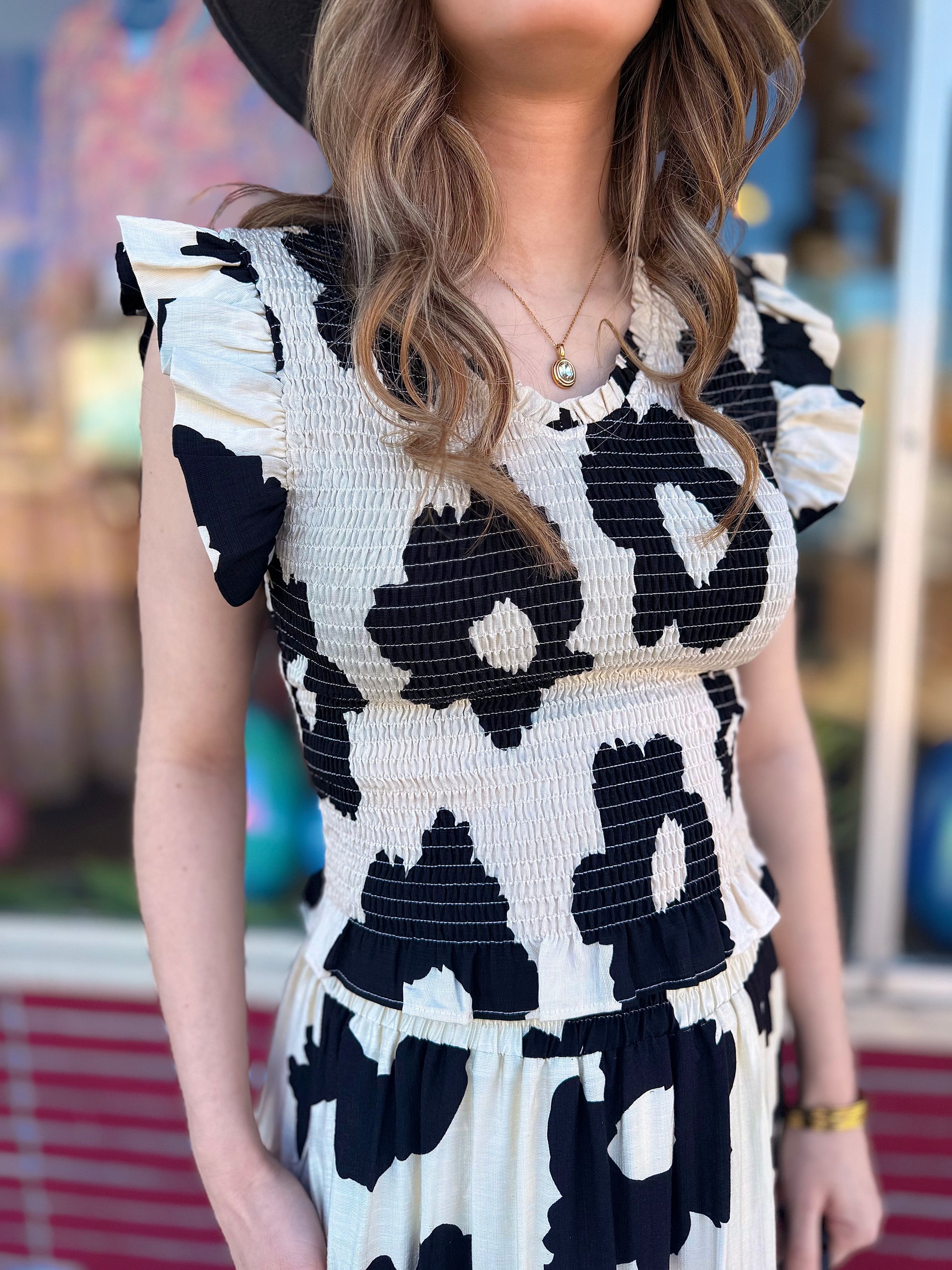 Black Bold Floral Ruffled Sleeve Smocked Top